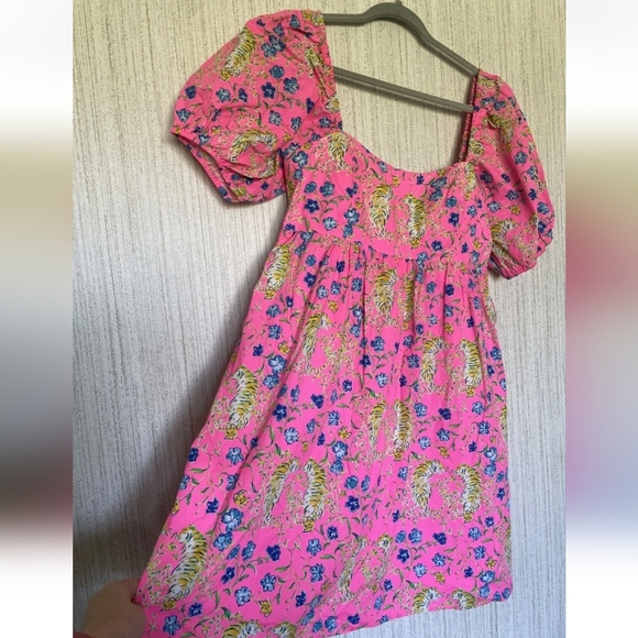 Lilly Pulitzer 10 Kay Babydoll Dress Prosecco Pink Tigress Garden Puffy Sleeves - Picture 9 of 12